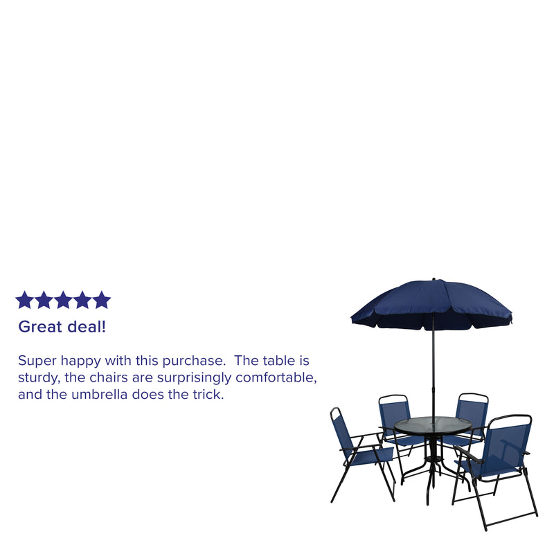 Nantucket 6 Piece Navy Patio Garden Set with Umbrella Table and Set of 4 Folding Chairs