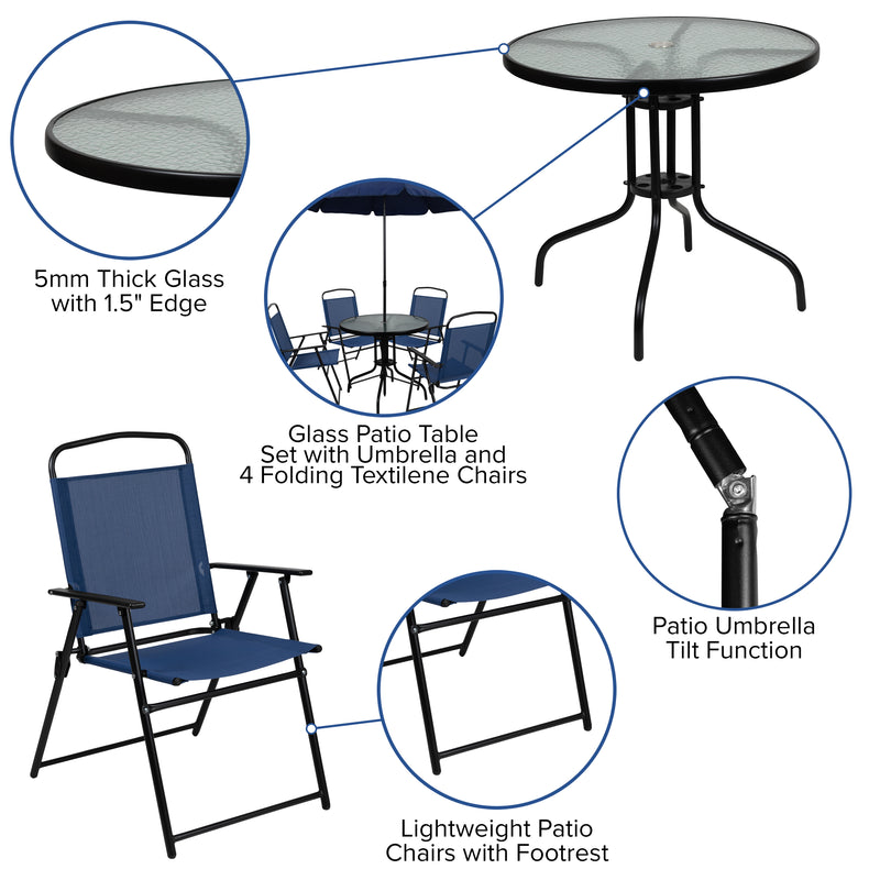 Nantucket 6 Piece Navy Patio Garden Set with Umbrella Table and Set of 4 Folding Chairs