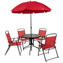 Nantucket 6 Piece Red Patio Garden Set with Umbrella Table and Set of 4 Folding Chairs