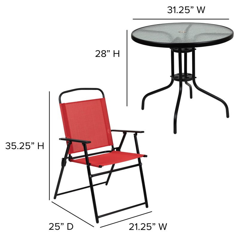 Nantucket 6 Piece Red Patio Garden Set with Umbrella Table and Set of 4 Folding Chairs