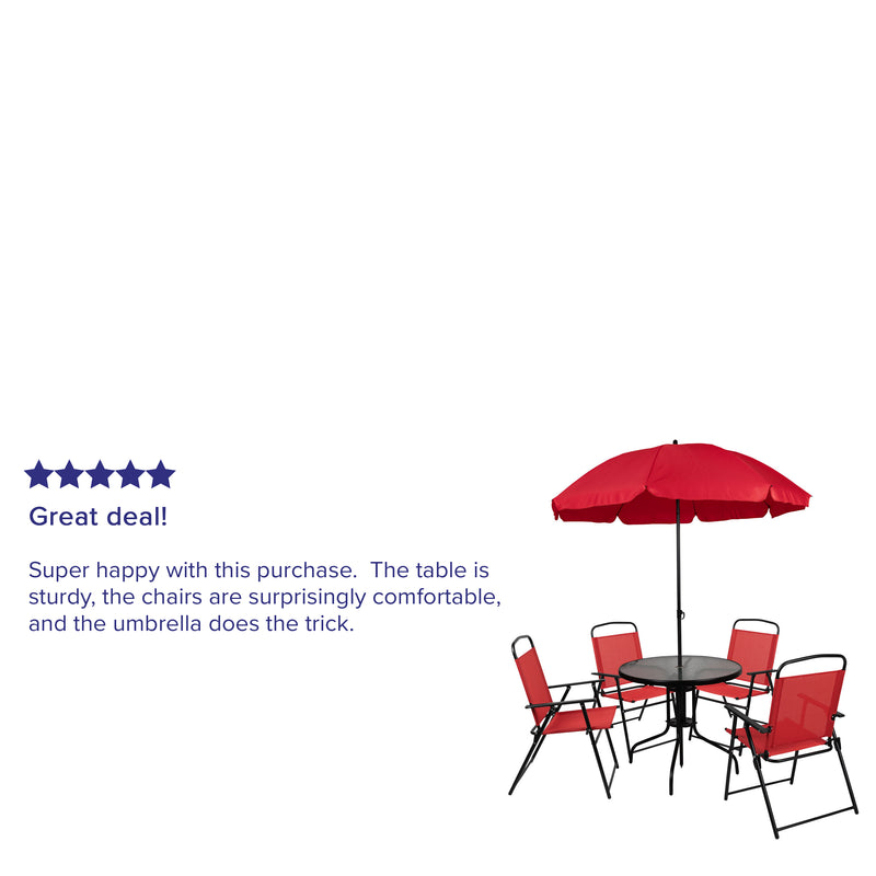 Nantucket 6 Piece Red Patio Garden Set with Umbrella Table and Set of 4 Folding Chairs