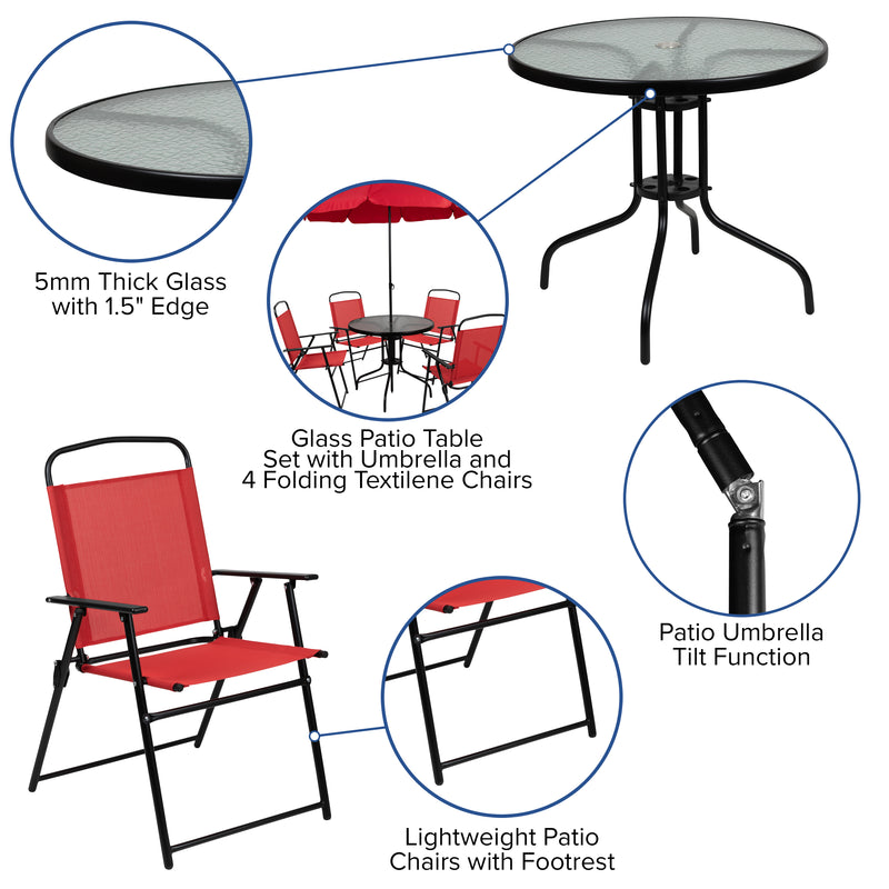 Nantucket 6 Piece Red Patio Garden Set with Umbrella Table and Set of 4 Folding Chairs