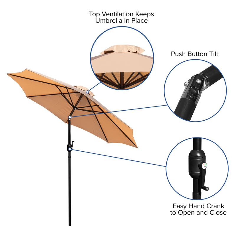 Tan 9 FT Round Umbrella with 1.5" Diameter Aluminum Pole with Crank and Tilt Function