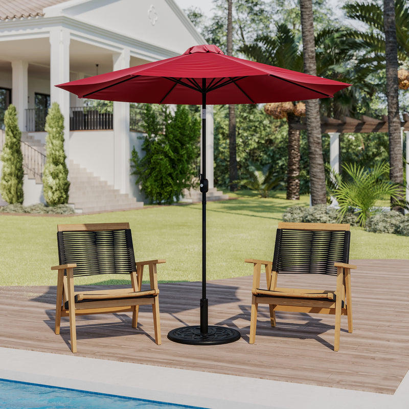 Red 9 FT Round Umbrella with Crank and Tilt Function and Standing Umbrella Base