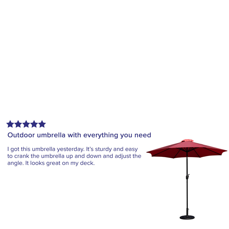 Red 9 FT Round Umbrella with Crank and Tilt Function and Standing Umbrella Base