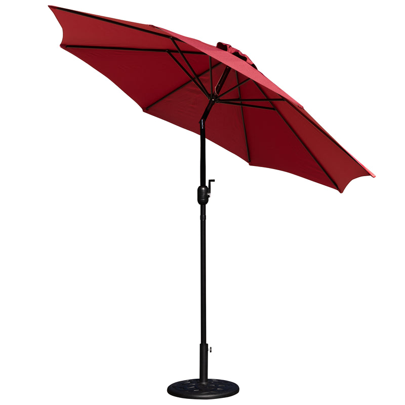 Red 9 FT Round Umbrella with Crank and Tilt Function and Standing Umbrella Base