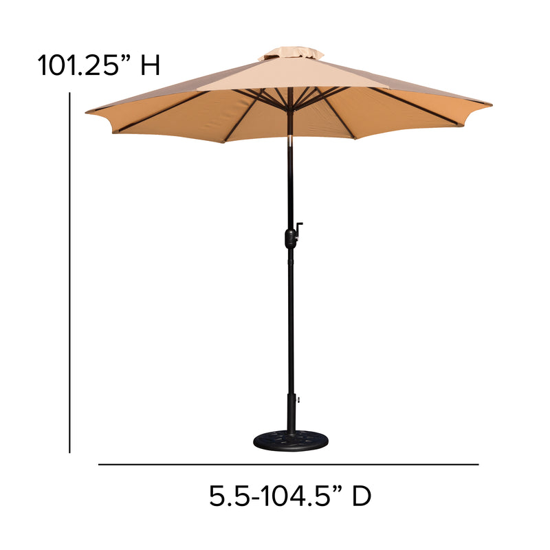 Tan 9 FT Round Umbrella with Crank and Tilt Function and Standing Umbrella Base