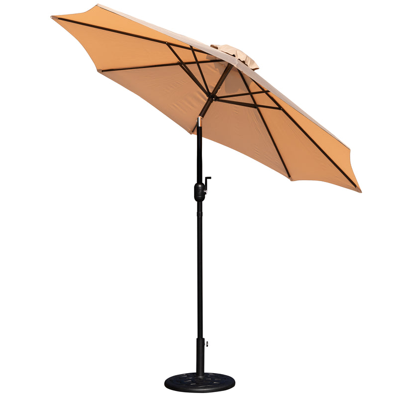 Tan 9 FT Round Umbrella with Crank and Tilt Function and Standing Umbrella Base