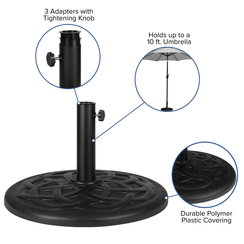 Universal Black Cement Patio Umbrella Base with Weatherproof Plastic Polymer Coating - 19.25" Diameter