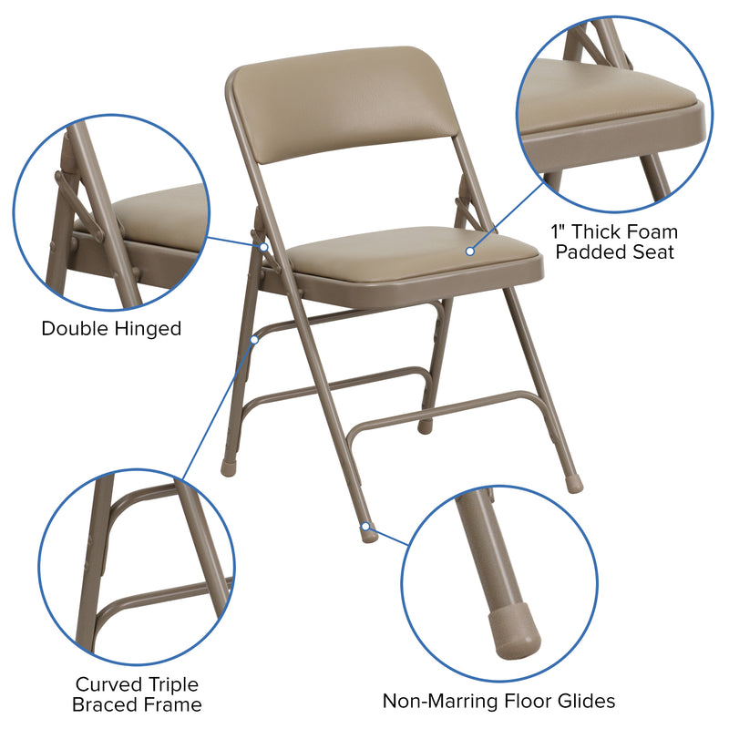 SINGLEWAVE Series Curved Triple Braced & Double Hinged Beige Vinyl Metal Folding Chair