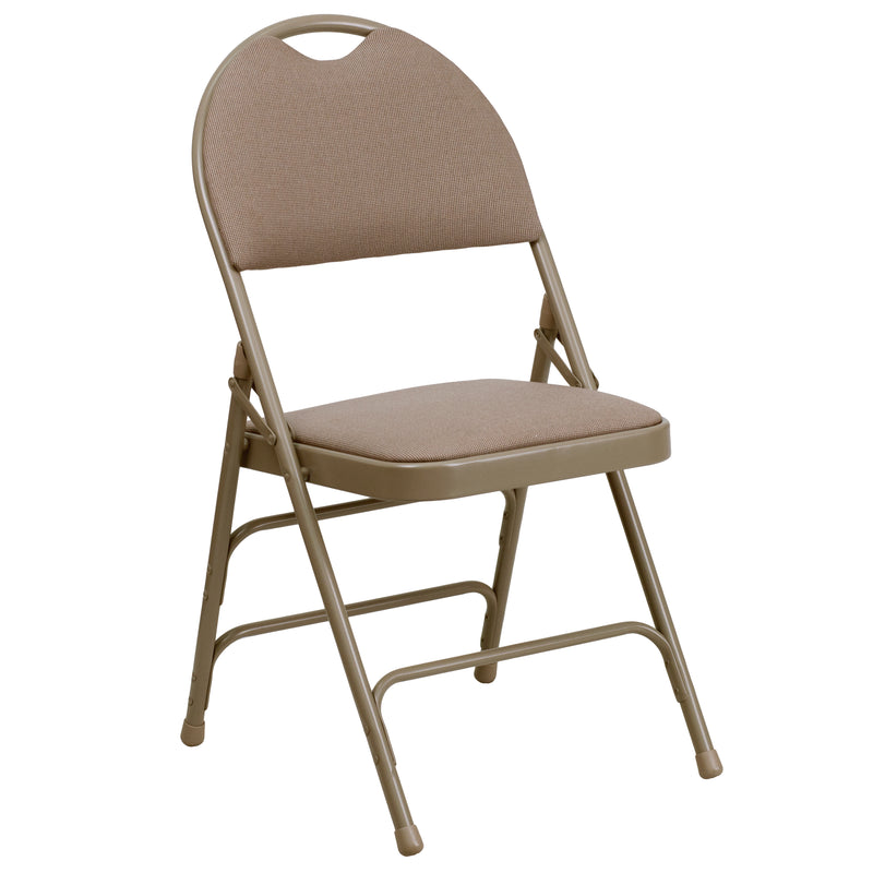 SINGLEWAVE Series Ultra-Premium Triple Braced Beige Fabric Metal Folding Chair with Easy-Carry Handle