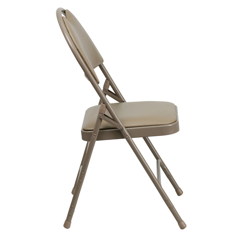 SINGLEWAVE Series Ultra-Premium Triple Braced Beige Vinyl Metal Folding Chair with Easy-Carry Handle