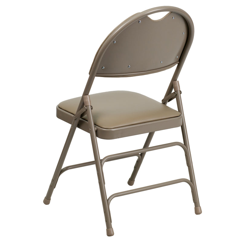 SINGLEWAVE Series Ultra-Premium Triple Braced Beige Vinyl Metal Folding Chair with Easy-Carry Handle