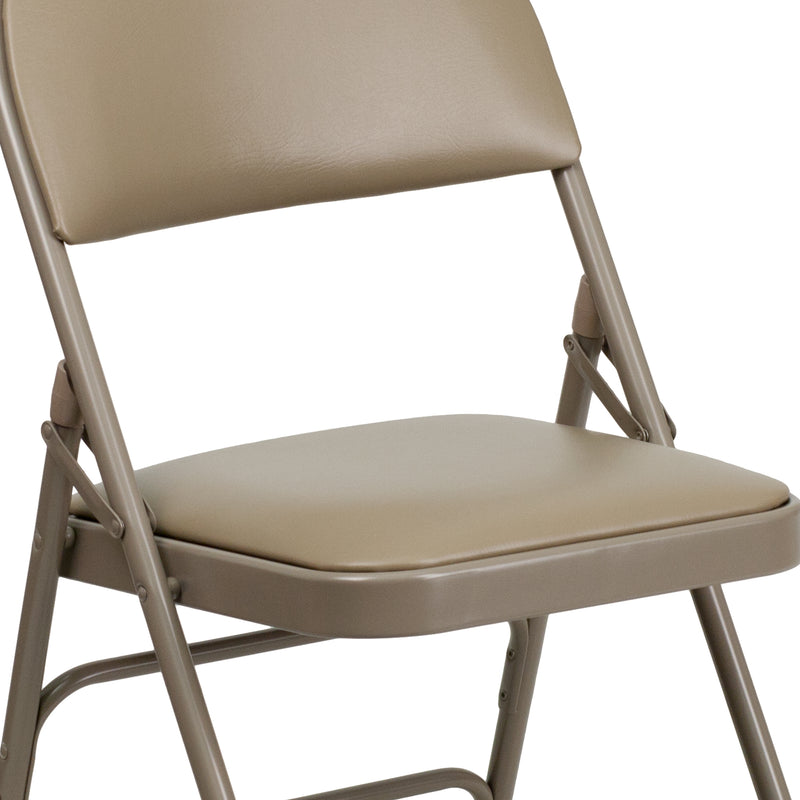 SINGLEWAVE Series Ultra-Premium Triple Braced Beige Vinyl Metal Folding Chair with Easy-Carry Handle