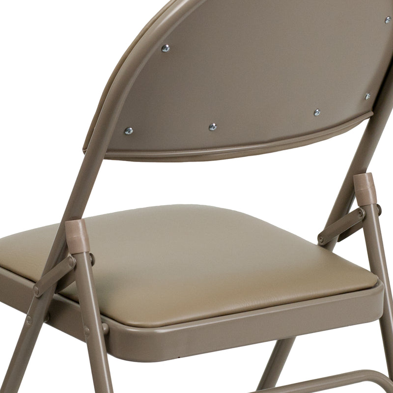 SINGLEWAVE Series Ultra-Premium Triple Braced Beige Vinyl Metal Folding Chair with Easy-Carry Handle