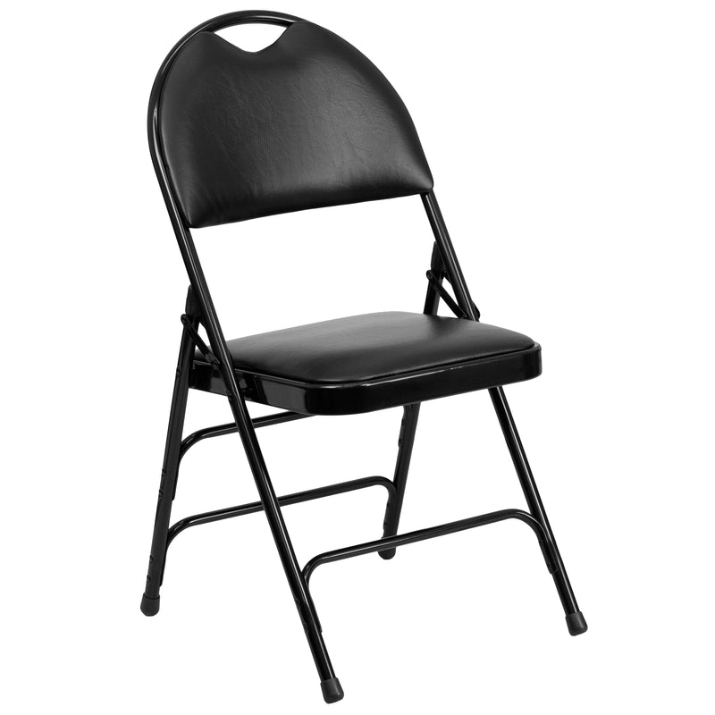 SINGLEWAVE Series Ultra-Premium Triple Braced Black Vinyl Metal Folding Chair with Easy-Carry Handle