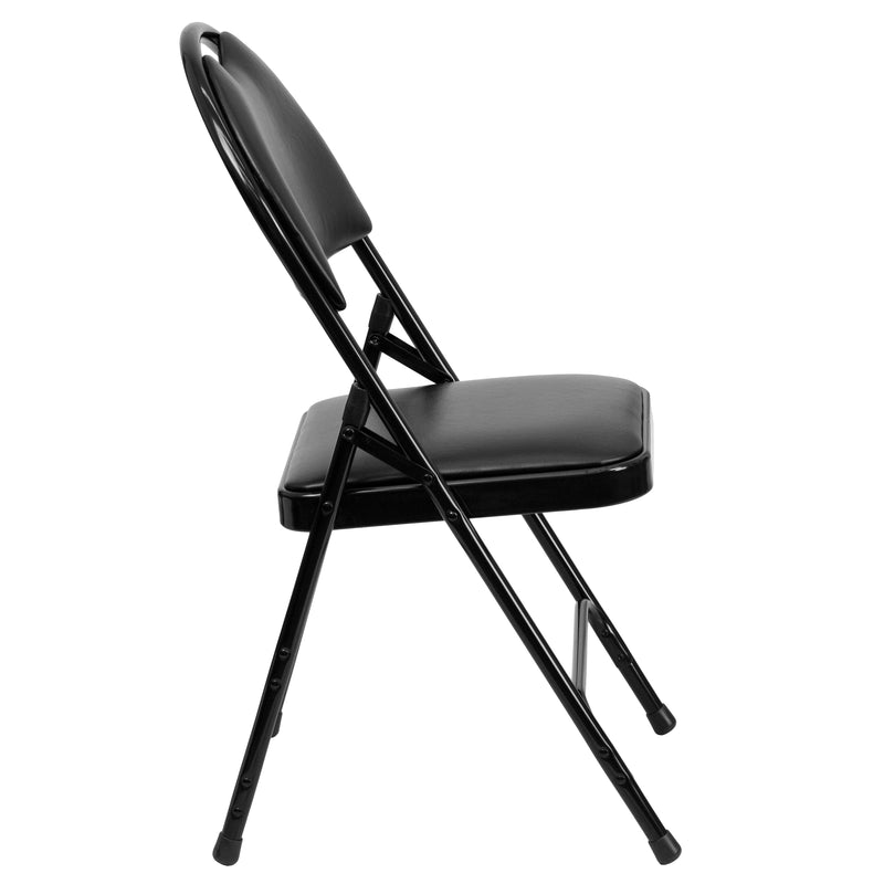 SINGLEWAVE Series Ultra-Premium Triple Braced Black Vinyl Metal Folding Chair with Easy-Carry Handle