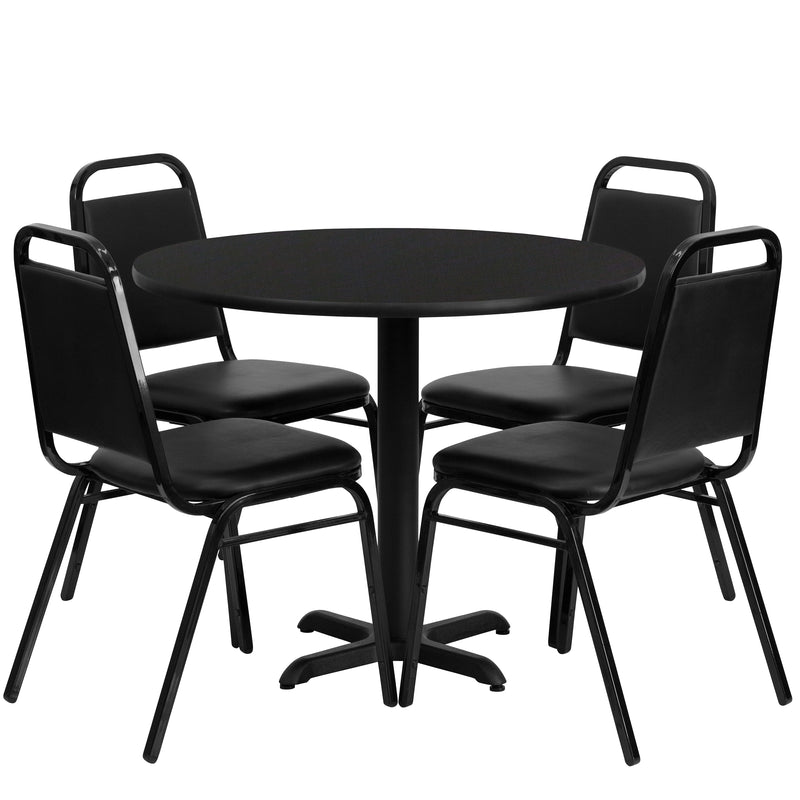 36'' Round Black Laminate Table Set with X-Base and 4 Black Trapezoidal Back Banquet Chairs