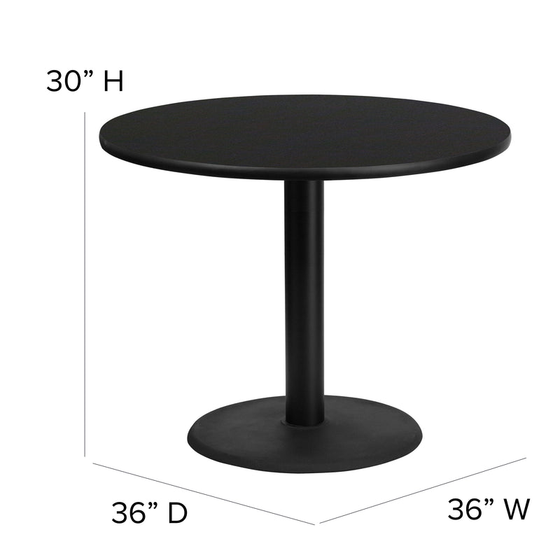 36'' Round Black Laminate Table Set with X-Base and 4 Black Trapezoidal Back Banquet Chairs