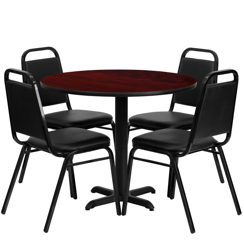 36'' Round Mahogany Laminate Table Set with X-Base and 4 Black Trapezoidal Back Banquet Chairs