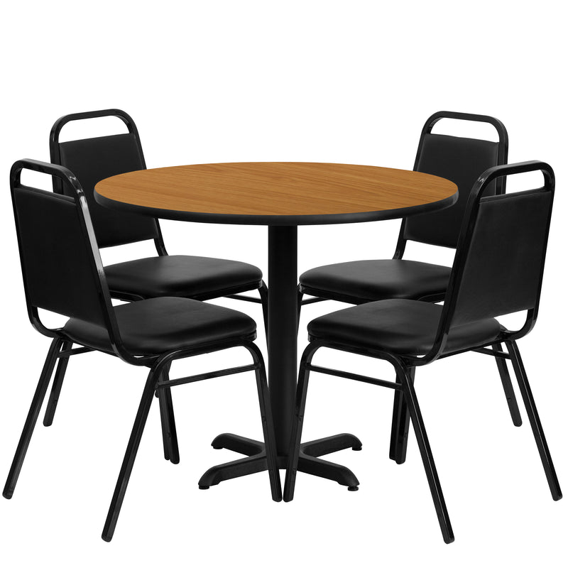 36'' Round Natural Laminate Table Set with X-Base and 4 Black Trapezoidal Back Banquet Chairs