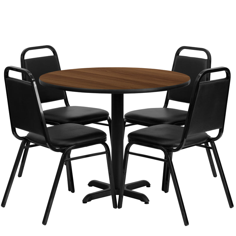 36'' Round Walnut Laminate Table Set with X-Base and 4 Black Trapezoidal Back Banquet Chairs