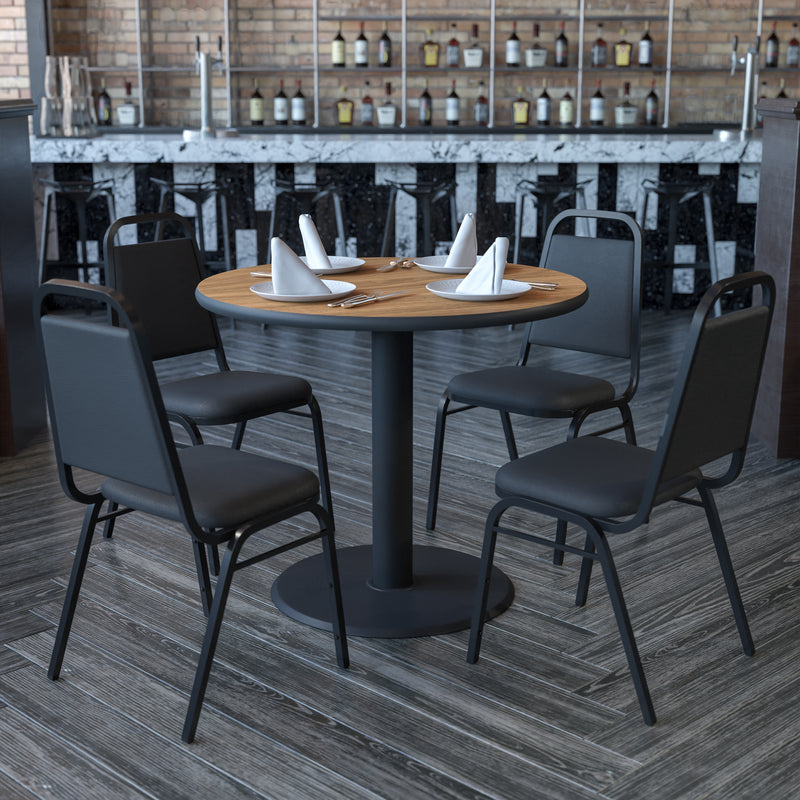 36'' Round Walnut Laminate Table Set with X-Base and 4 Black Trapezoidal Back Banquet Chairs