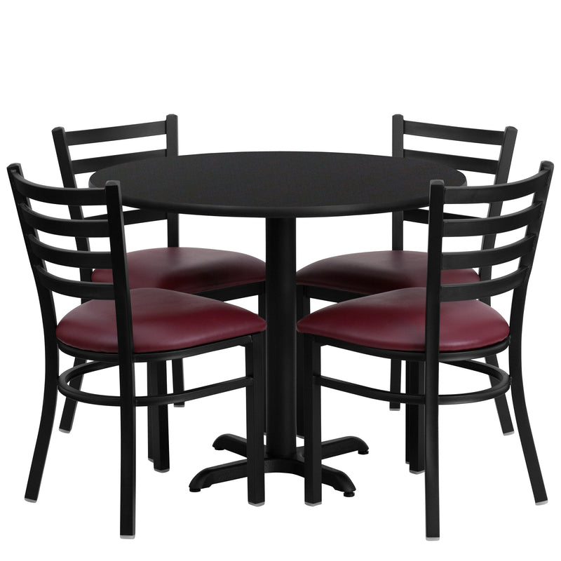 36'' Round Black Laminate Table Set with X-Base and 4 Ladder Back Metal Chairs - Burgundy Vinyl Seat