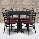 36'' Round Black Laminate Table Set with X-Base and 4 Ladder Back Metal Chairs - Burgundy Vinyl Seat