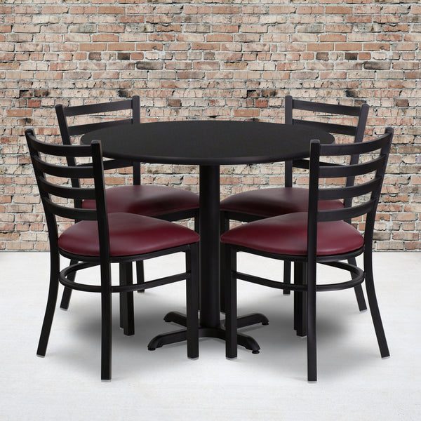 36'' Round Black Laminate Table Set with X-Base and 4 Ladder Back Metal Chairs - Burgundy Vinyl Seat