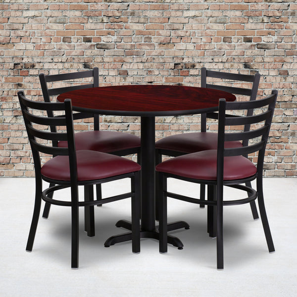 36'' Round Mahogany Laminate Table Set with X-Base and 4 Ladder Back Metal Chairs - Burgundy Vinyl Seat