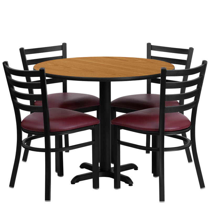 36'' Round Natural Laminate Table Set with X-Base and 4 Ladder Back Metal Chairs - Burgundy Vinyl Seat