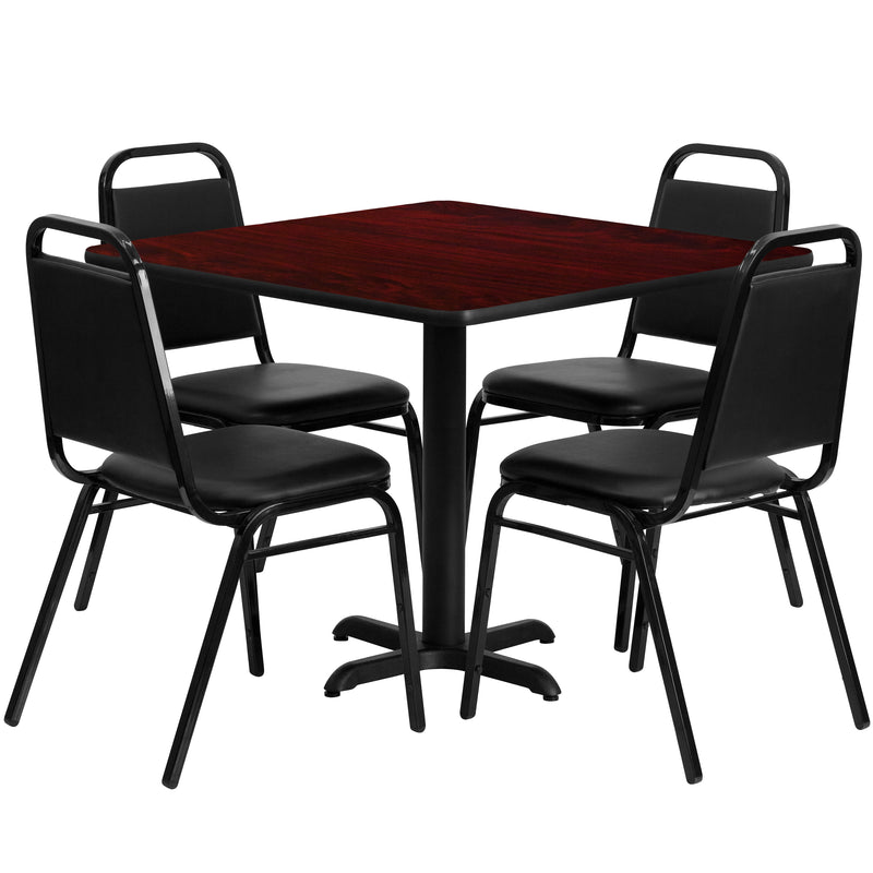 36'' Square Mahogany Laminate Table Set with X-Base and 4 Black Trapezoidal Back Banquet Chairs