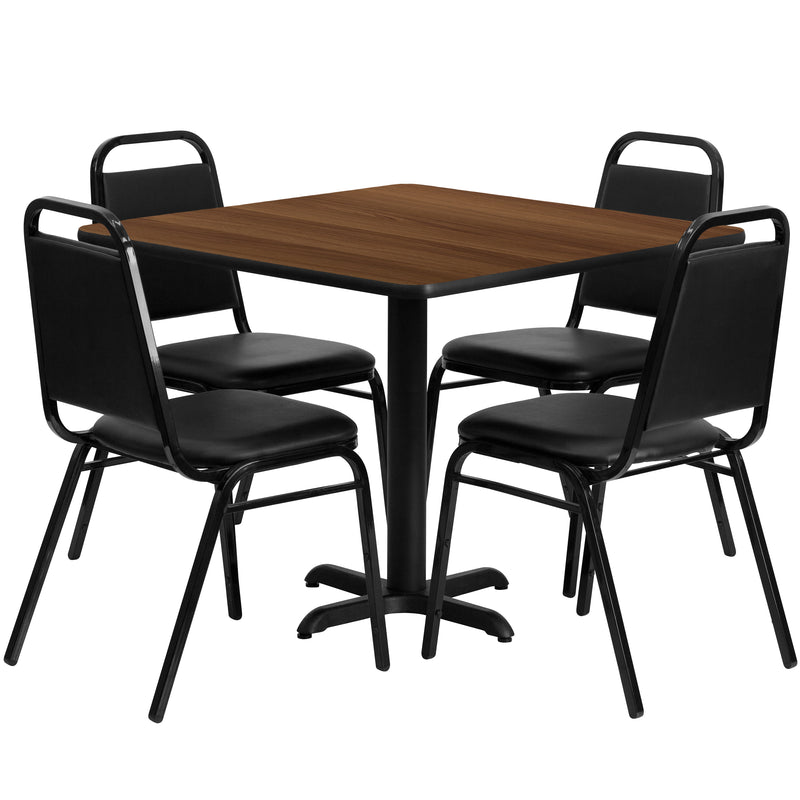 36'' Square Walnut Laminate Table Set with X-Base and 4 Black Trapezoidal Back Banquet Chairs