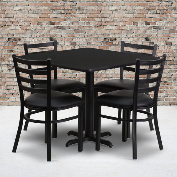 36'' Square Black Laminate Table Set with X-Base and 4 Ladder Back Metal Chairs - Black Vinyl Seat