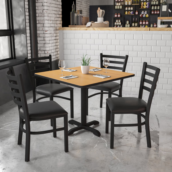 36'' Square Natural Laminate Table Set with X-Base and 4 Ladder Back Metal Chairs - Black Vinyl Seat