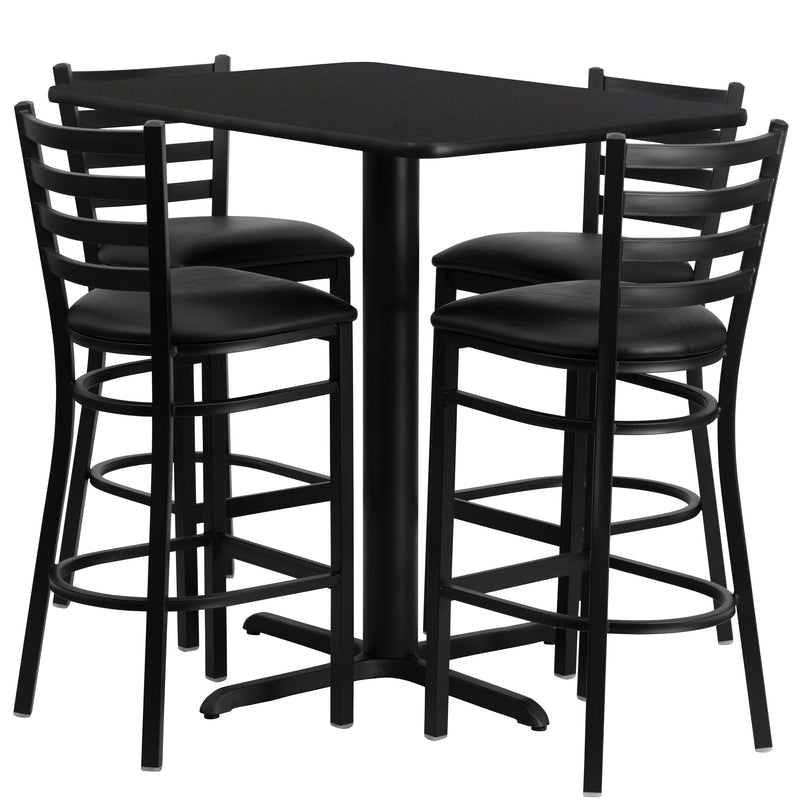 24''W x 42''L Rectangular Black Laminate Table Set with 4 Ladder Back Metal Barstools - Black Vinyl Seat