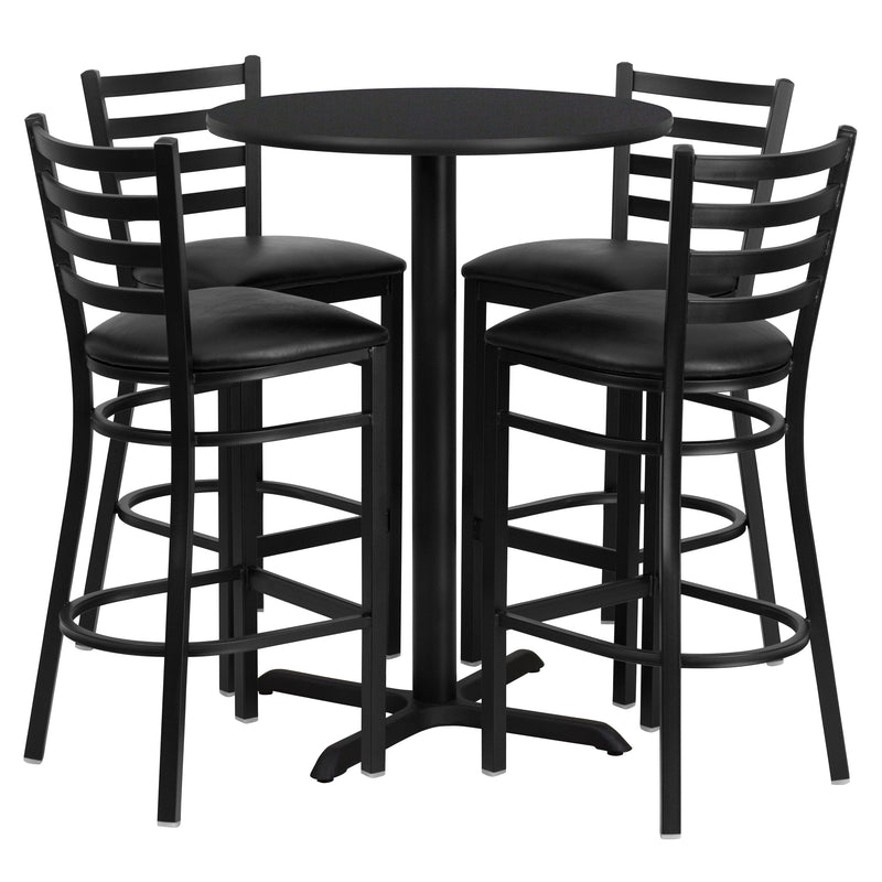 30'' Round Black Laminate Table Set with X-Base and 4 Ladder Back Metal Barstools - Black Vinyl Seat