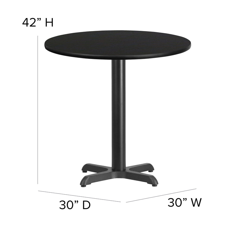 30'' Round Black Laminate Table Set with X-Base and 4 Ladder Back Metal Barstools - Black Vinyl Seat