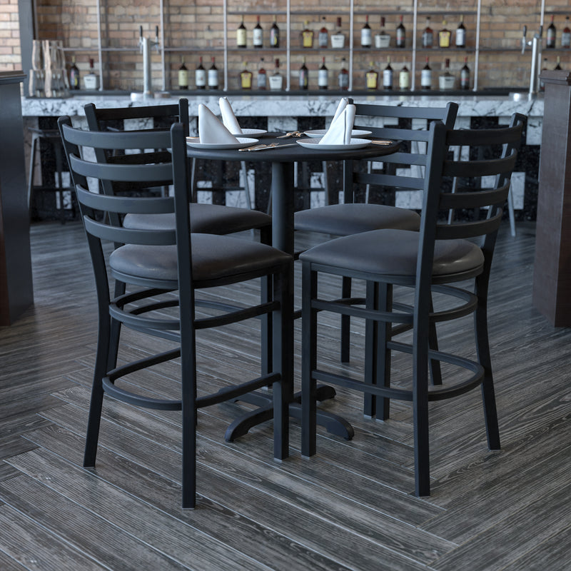 30'' Round Black Laminate Table Set with X-Base and 4 Ladder Back Metal Barstools - Black Vinyl Seat