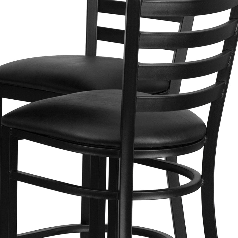 30'' Round Black Laminate Table Set with X-Base and 4 Ladder Back Metal Barstools - Black Vinyl Seat