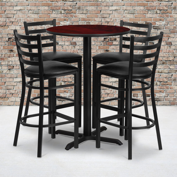 30'' Round Mahogany Laminate Table Set with X-Base and 4 Ladder Back Metal Barstools - Black Vinyl Seat