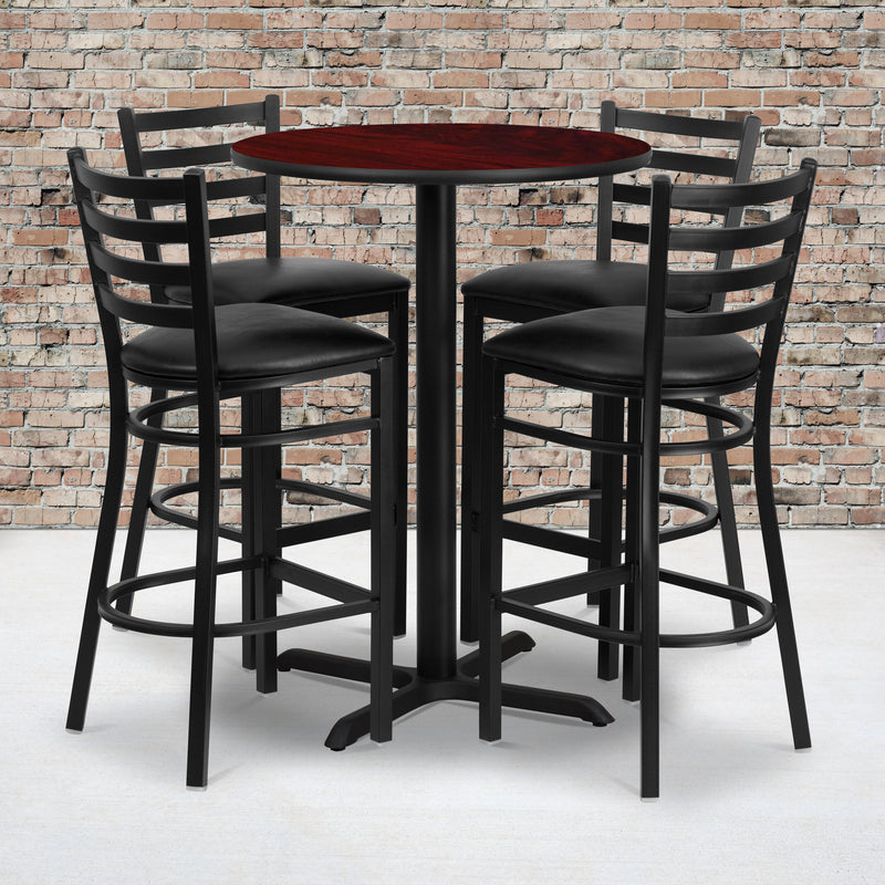 30'' Round Mahogany Laminate Table Set with X-Base and 4 Ladder Back Metal Barstools - Black Vinyl Seat