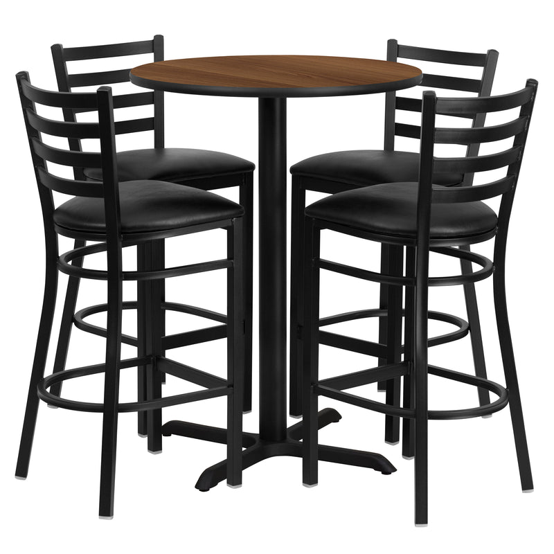 30'' Round Walnut Laminate Table Set with X-Base and 4 Ladder Back Metal Barstools - Black Vinyl Seat