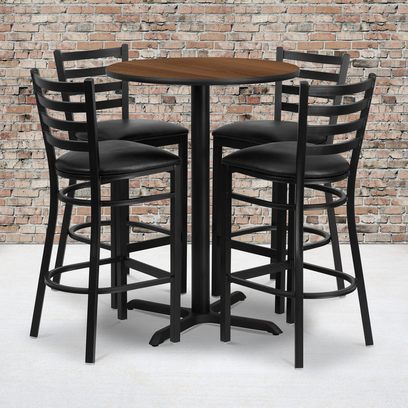 30'' Round Walnut Laminate Table Set with X-Base and 4 Ladder Back Metal Barstools - Black Vinyl Seat