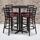 30'' Round Black Laminate Table Set with X-Base and 4 Ladder Back Metal Barstools - Burgundy Vinyl Seat