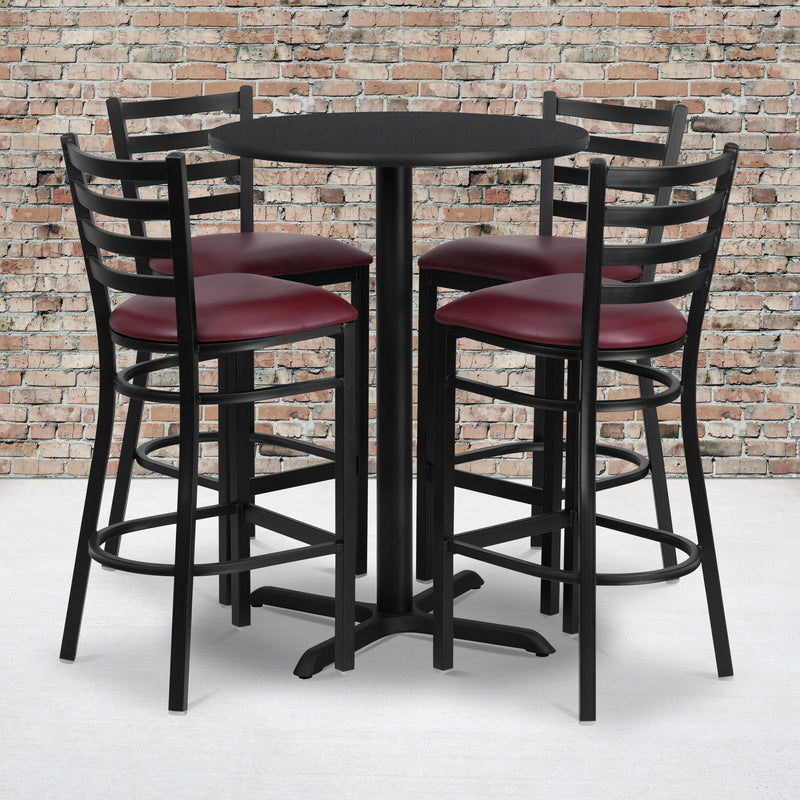 30'' Round Black Laminate Table Set with X-Base and 4 Ladder Back Metal Barstools - Burgundy Vinyl Seat