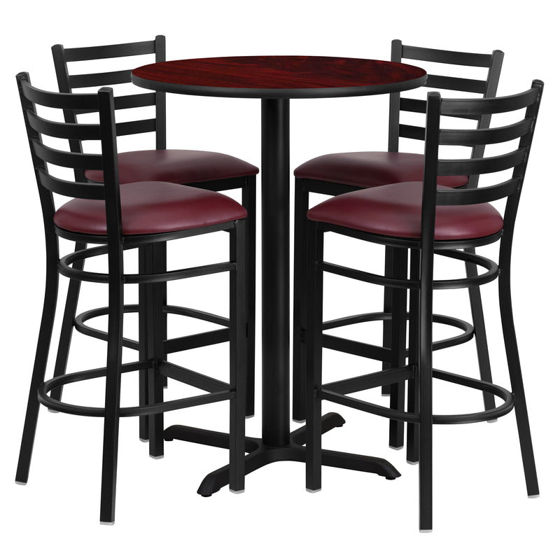 30'' Round Mahogany Laminate Table Set with X-Base and 4 Ladder Back Metal Barstools - Burgundy Vinyl Seat