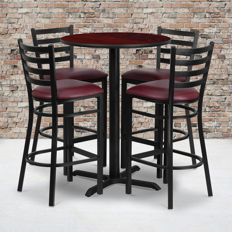 30'' Round Mahogany Laminate Table Set with X-Base and 4 Ladder Back Metal Barstools - Burgundy Vinyl Seat