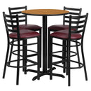 30'' Round Natural Laminate Table Set with X-Base and 4 Ladder Back Metal Barstools - Burgundy Vinyl Seat